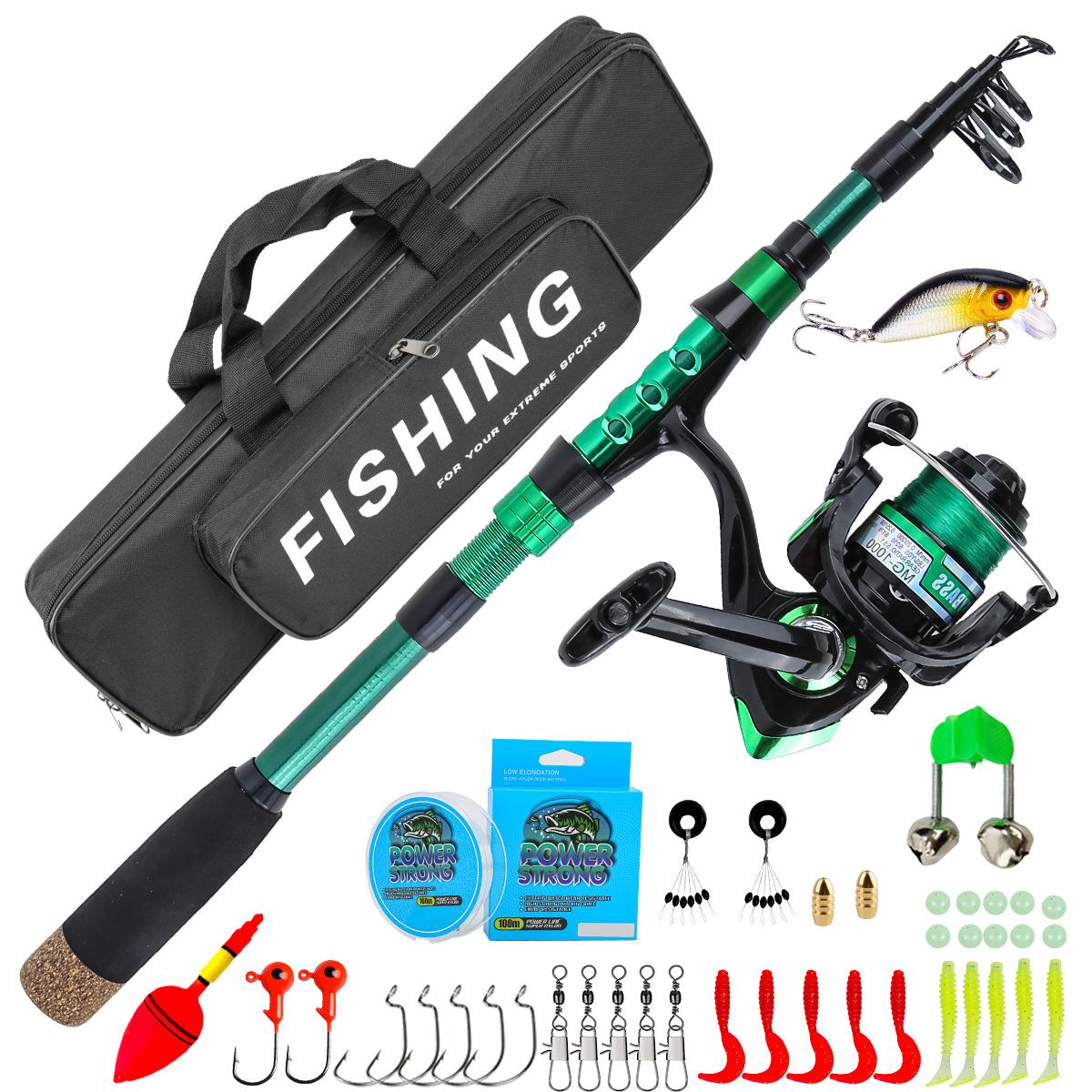 Fishing Rod Carbon Fiber - ชุดคันเบ็ดตกปลาทะเลแบบยืดหดได้ คาร์บอนไฟเบอร์สีเขียว 1.8 เมตร พร้อมอุปกรณ์ตกปลาครบชุดในกล่องเก็บของ