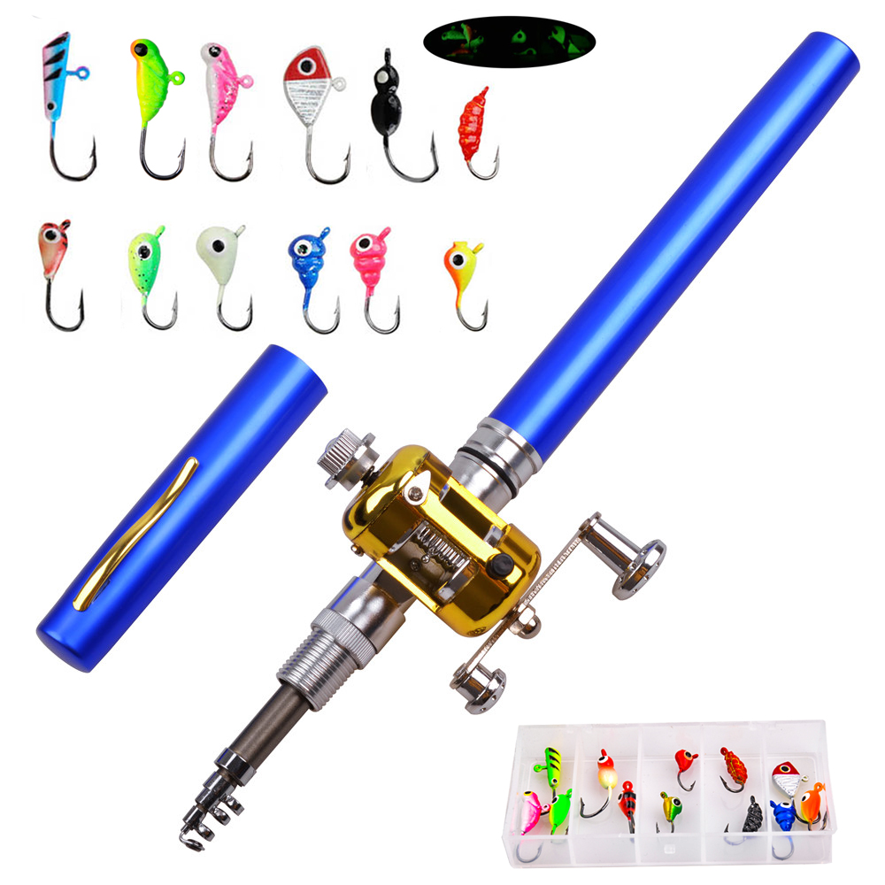 Fishing Rod Fly - เบ็ดตกปลาน้ำแข็งขนาดเล็กพร้อมเหยื่อตกปลาแบบพกพา12ชิ้นเบ็ดตกปลาและรอกทำน้ำแข็งขนาดพกพา